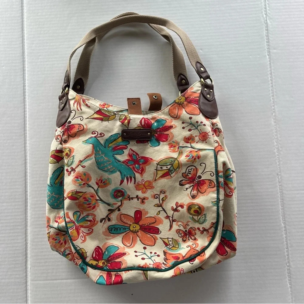 Lucky Brand Large Floral Bird Canvas Hobo Bag Tote Purse Bright Colorful VGUC - Picture 14 of 16